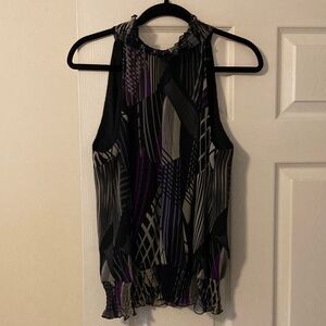 Alfani Black & Purple Geometric Smocked Halter Tank